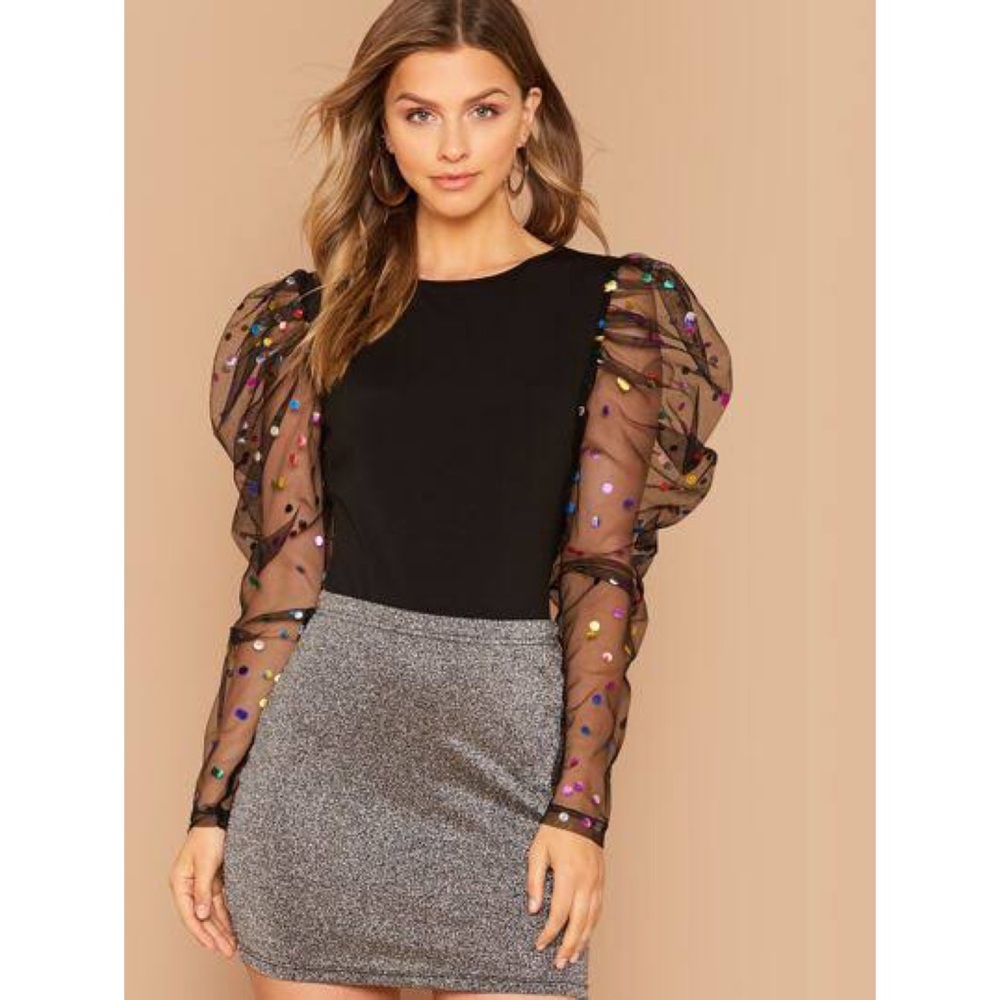 Black Mesh Shimmer Dots Gigot Sleeve Skinny Tee